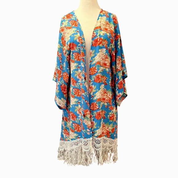 Umgee Other - Umgee Cobalt Blue Red Floral Fringed Open Front Boho Kimono Coverup Medium Large